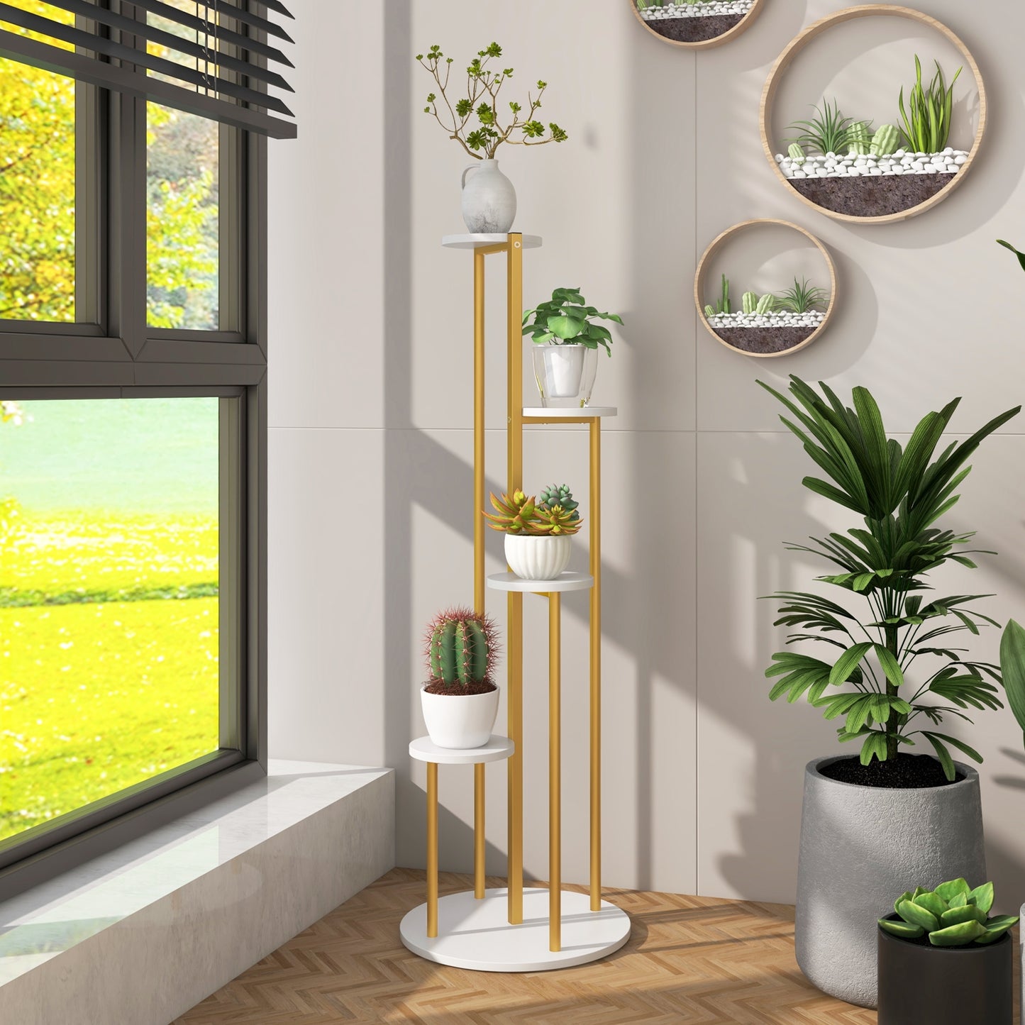 Indoor Metal Plant Stand Corner Plant Shelf for Potted Plant with Golden Metal Frame-White Kids Crystal