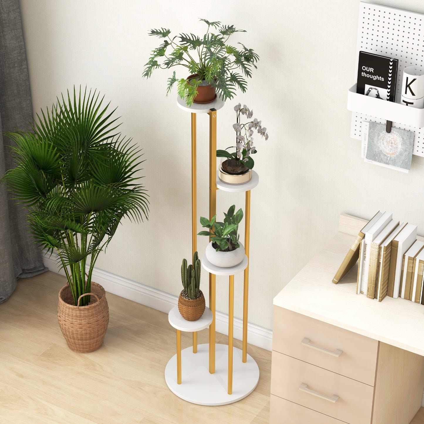 Indoor Metal Plant Stand Corner Plant Shelf for Potted Plant with Golden Metal Frame-White Kids Crystal