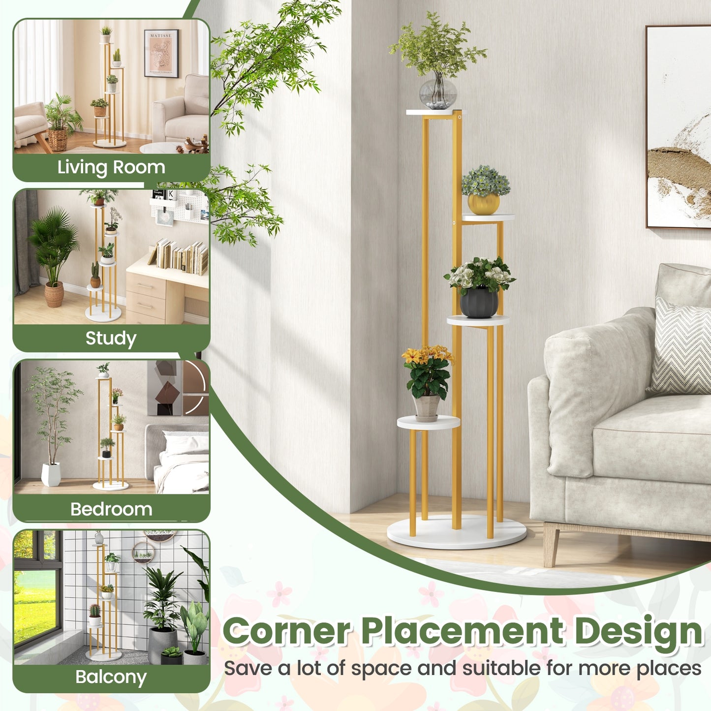 Indoor Metal Plant Stand Corner Plant Shelf for Potted Plant with Golden Metal Frame-White Kids Crystal