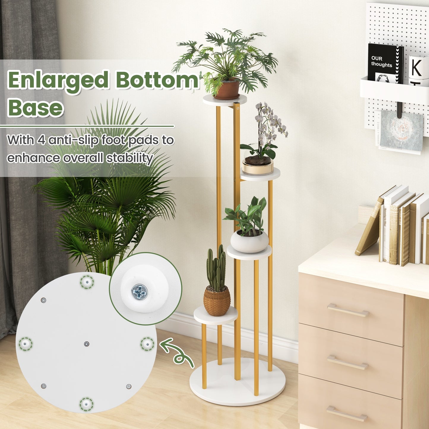 Indoor Metal Plant Stand Corner Plant Shelf for Potted Plant with Golden Metal Frame-White Kids Crystal