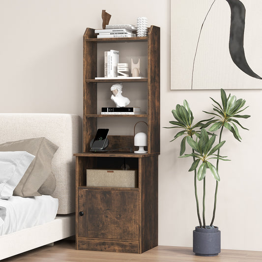 Bedside Tables Tall Nightstands with 5 Open Shelf and Cabinet-Rustic Brown Kids Crystal