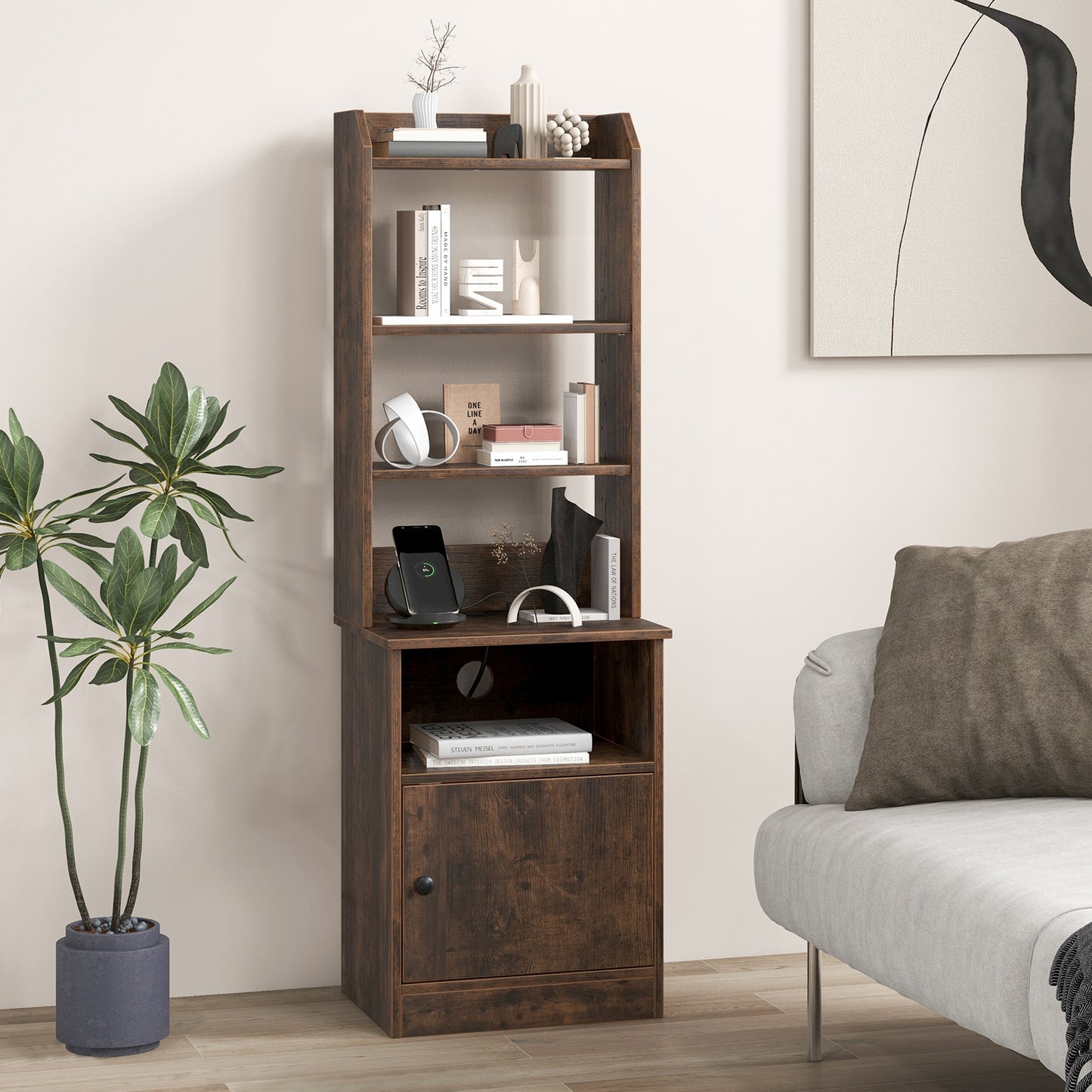 Bedside Tables Tall Nightstands with 5 Open Shelf and Cabinet-Rustic Brown Kids Crystal
