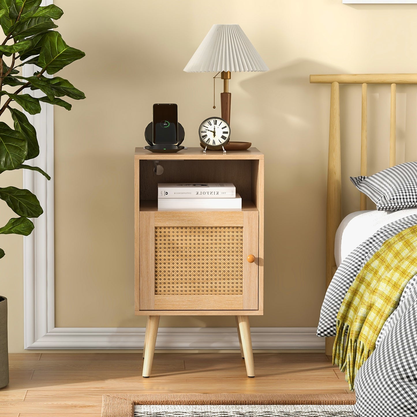 Rattan Nightstand with Charging Station Bedside Table with USB Ports and PE Rattan Door-Natural Kids Crystal