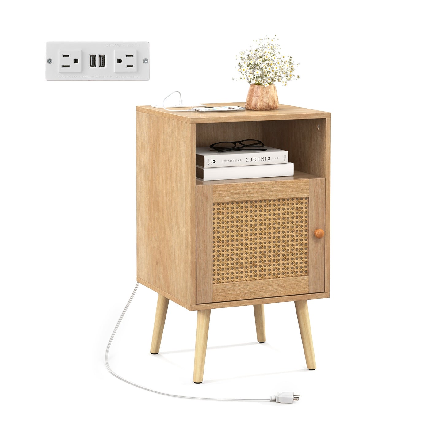 Rattan Nightstand with Charging Station Bedside Table with USB Ports and PE Rattan Door-Natural Kids Crystal