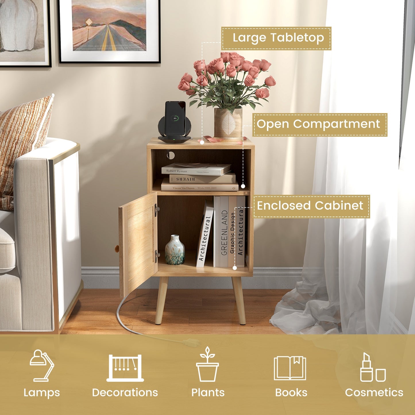 Rattan Nightstand with Charging Station Bedside Table with USB Ports and PE Rattan Door-Natural Kids Crystal