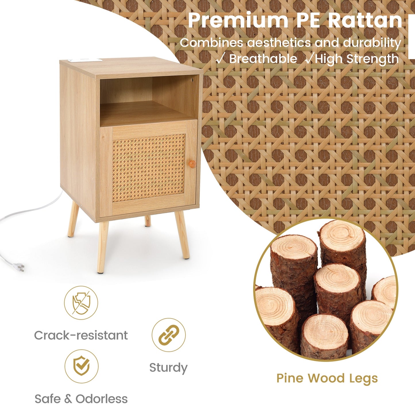 Rattan Nightstand with Charging Station Bedside Table with USB Ports and PE Rattan Door-Natural Kids Crystal