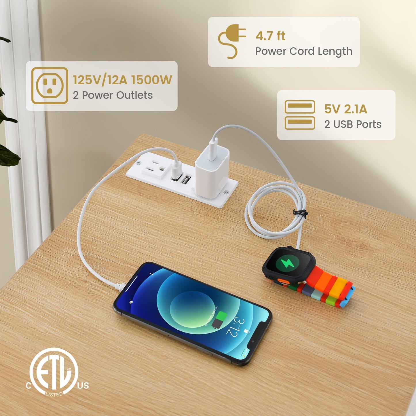Rattan Nightstand with Charging Station Bedside Table with USB Ports and PE Rattan Door-Natural Kids Crystal