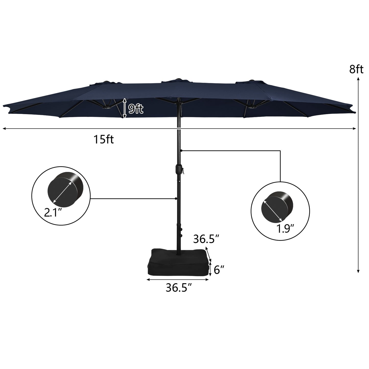 15 Feet Double-Sided Twin Patio Umbrella with Crank and Base-Navy Kids Crystal