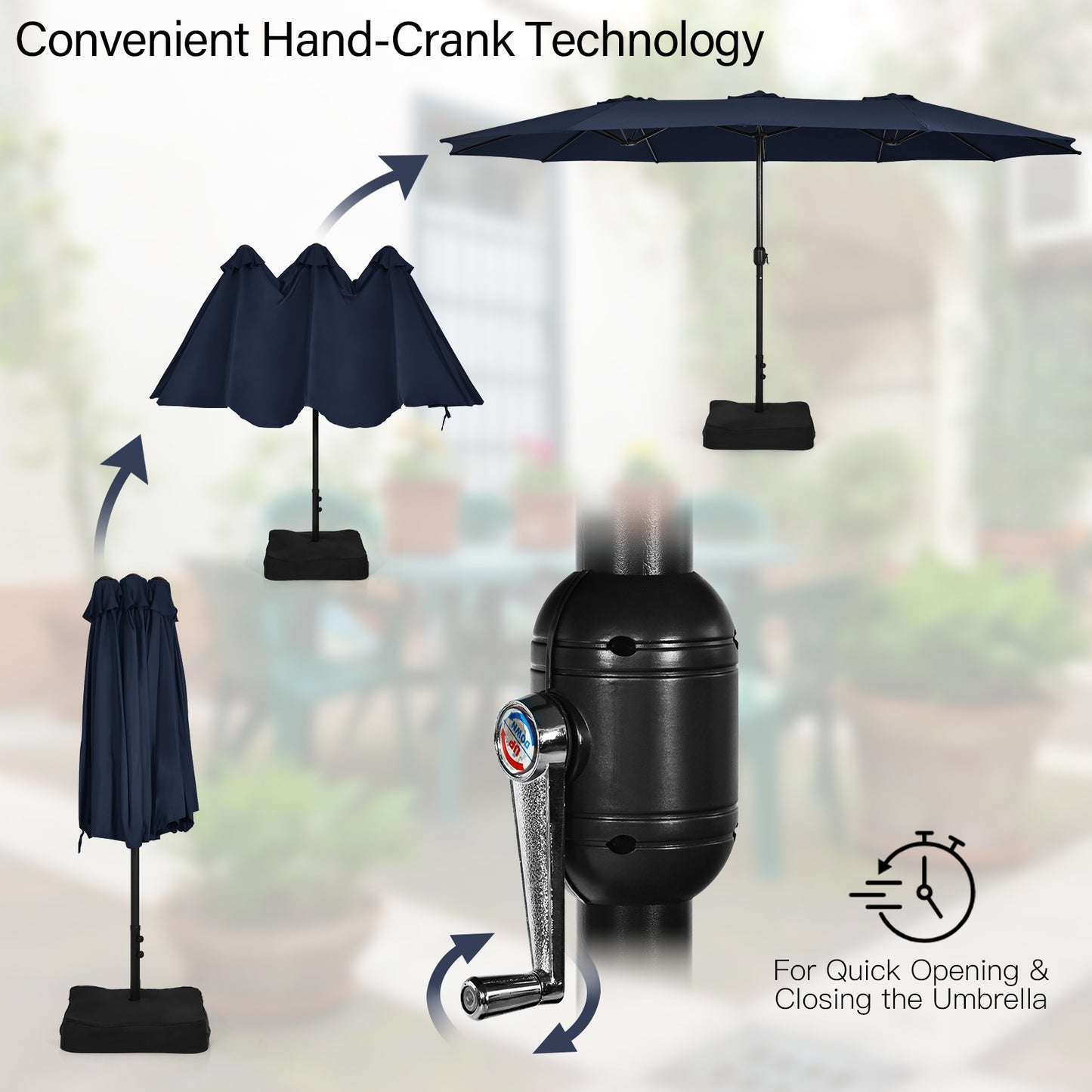 15 Feet Double-Sided Twin Patio Umbrella with Crank and Base-Navy Kids Crystal