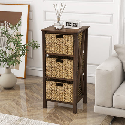 3-Tier Nightstand with 3 Seagrass Baskets Narrow X-Design-3-Tier