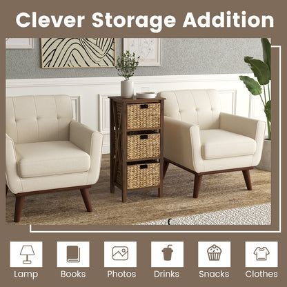 3-Tier Nightstand with 3 Seagrass Baskets Narrow X-Design-3-Tier