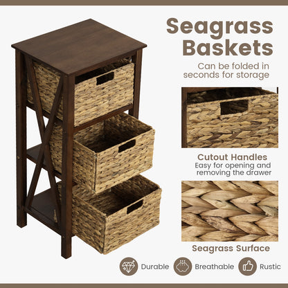 3-Tier Nightstand with 3 Seagrass Baskets Narrow X-Design-3-Tier
