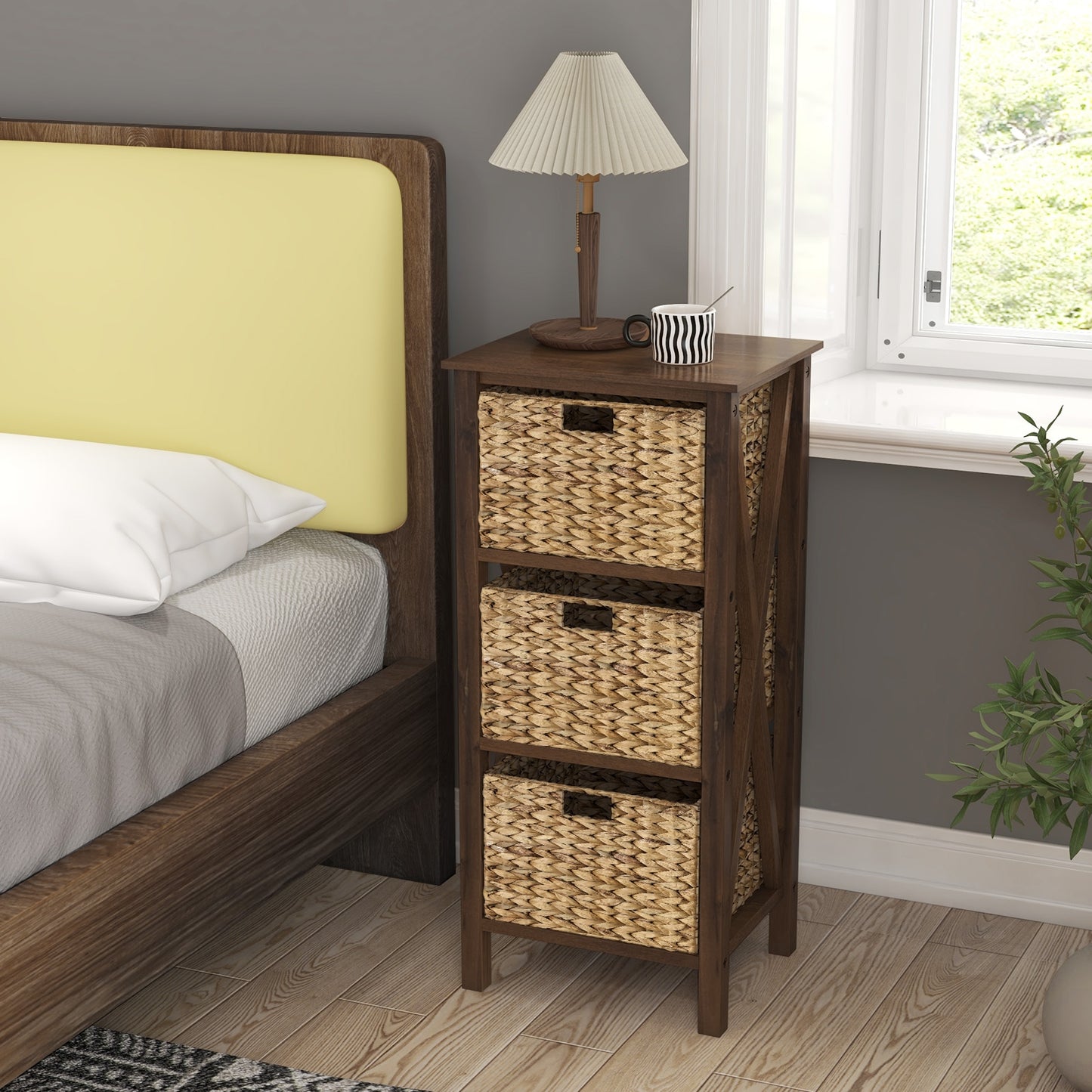 3-Tier Nightstand with 3 Seagrass Baskets Narrow X-Design-3-Tier Kids Crystal