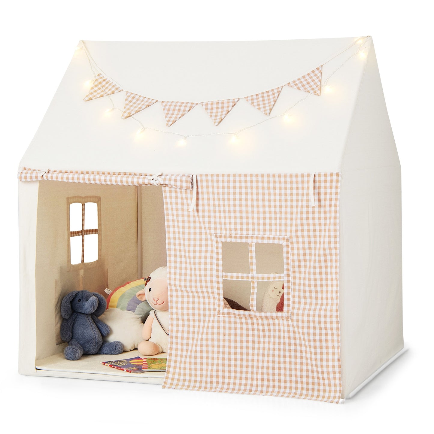 Kids Play Tent Large Playhouse with Padded Mat and 2 Breathable Windows-Beige Kids Crystal