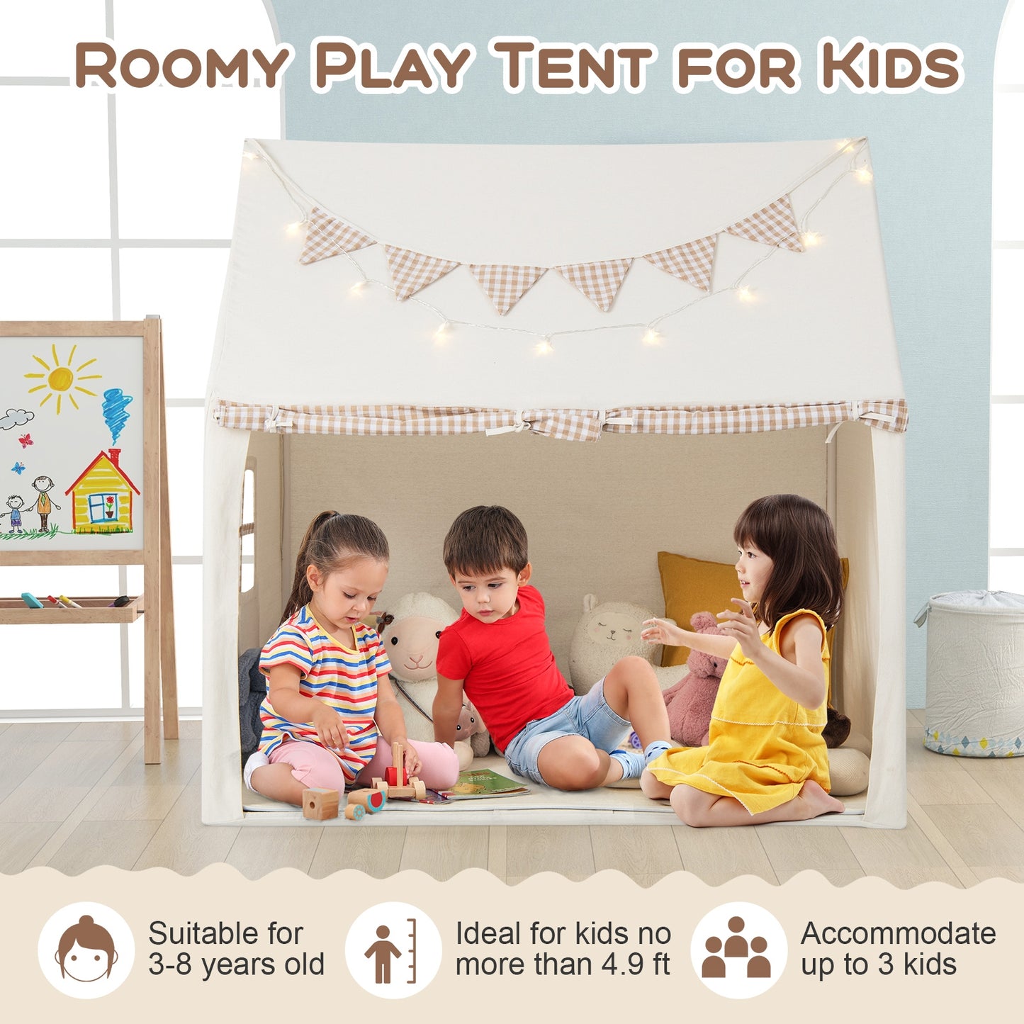 Kids Play Tent Large Playhouse with Padded Mat and 2 Breathable Windows-Beige Kids Crystal