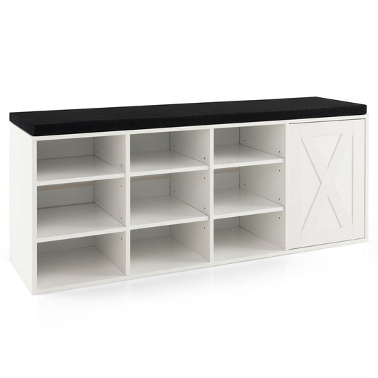 9-cube Shoe Bench with Adjustable Shelves and Removable Padded Cushion-White Kids Crystal