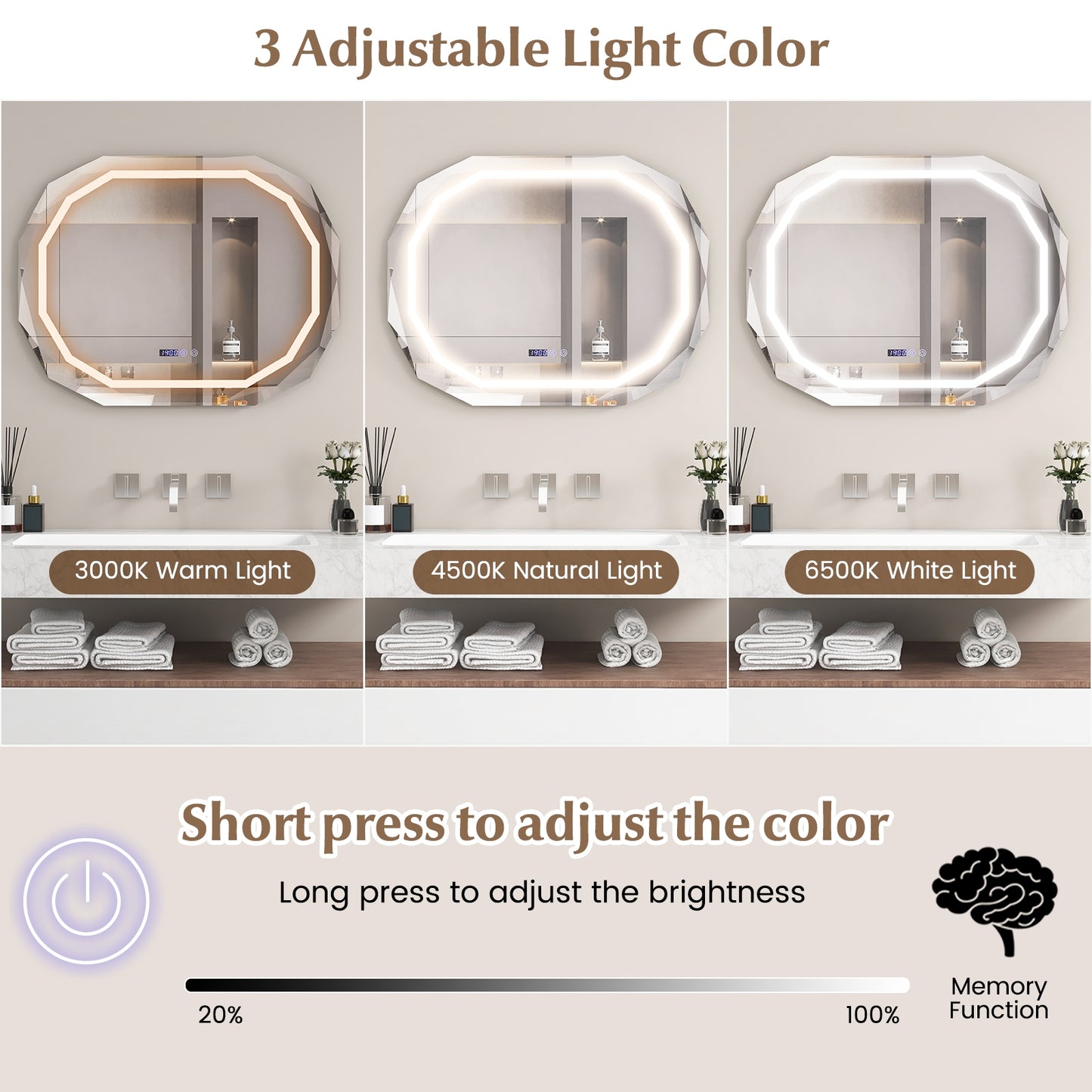 Anti-Fog Bathroom Mirror with 3 Color LED Light Memory Function Kids Crystal