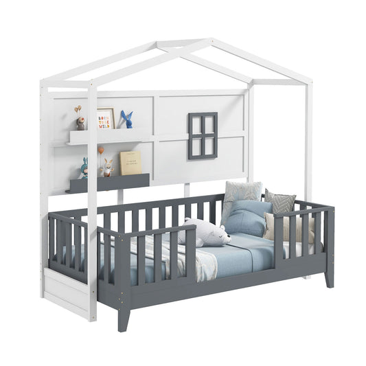 Twin Wood House Bed Montessori Floor Bed with 2 Shelves and Guardrails-Gray & White Kids Crystal