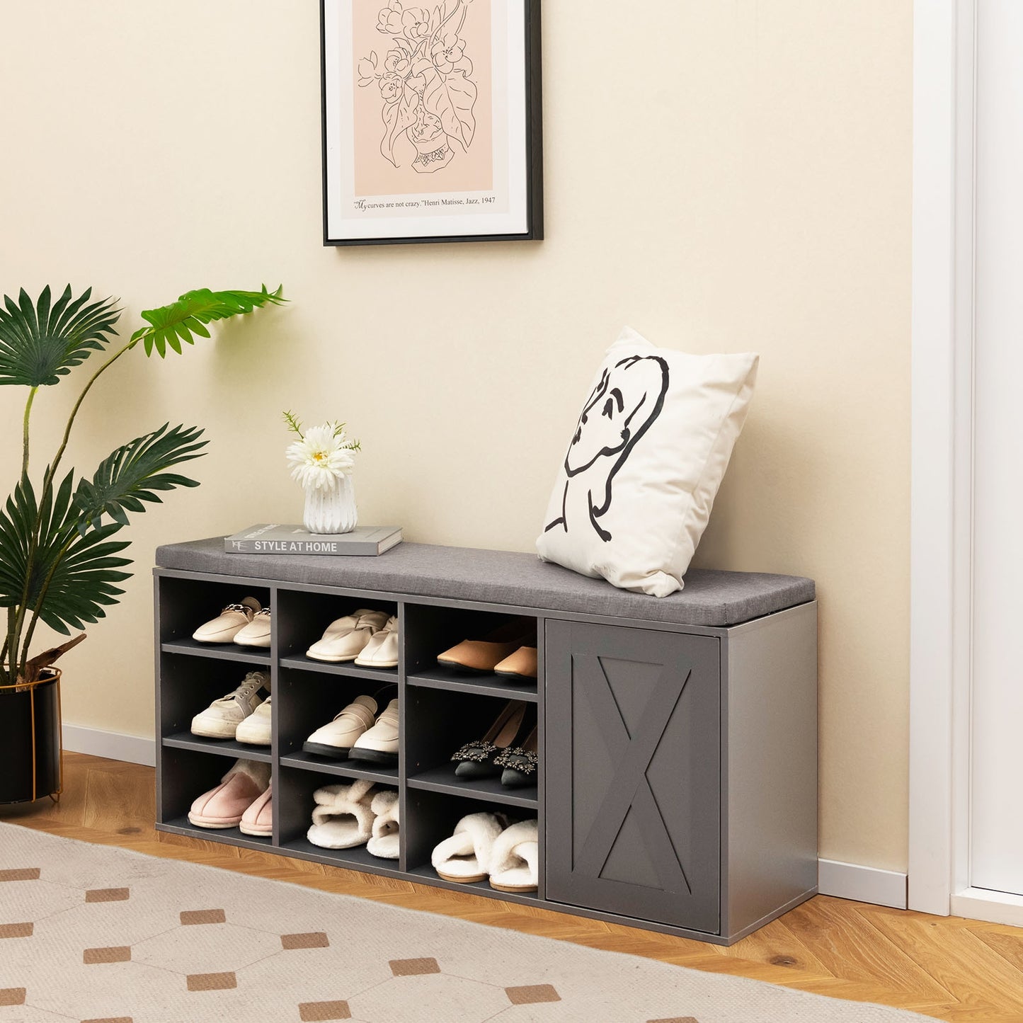 9-cube Shoe Bench with Adjustable Shelves and Removable Padded Cushion-Gray Kids Crystal