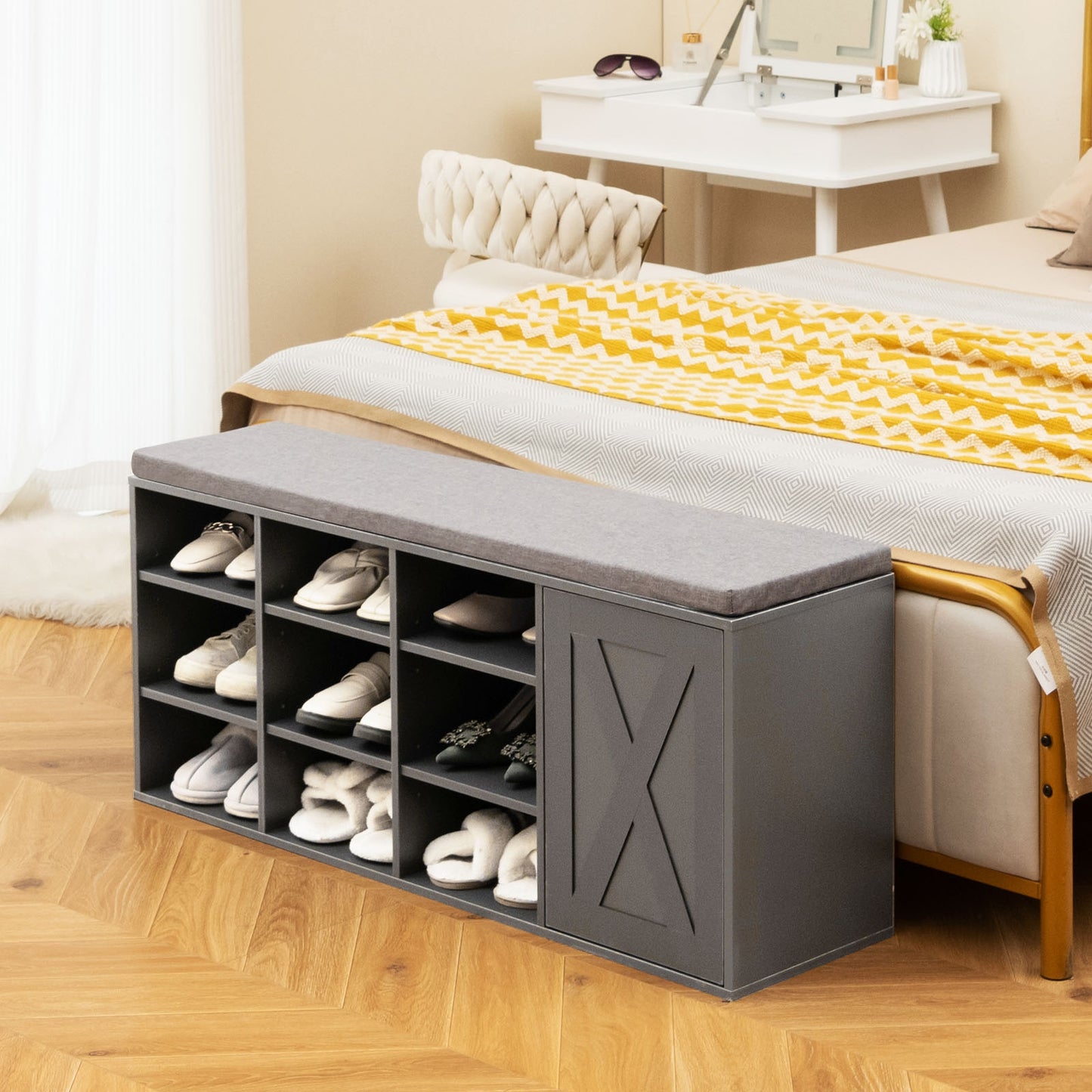 9-cube Shoe Bench with Adjustable Shelves and Removable Padded Cushion-Gray Kids Crystal