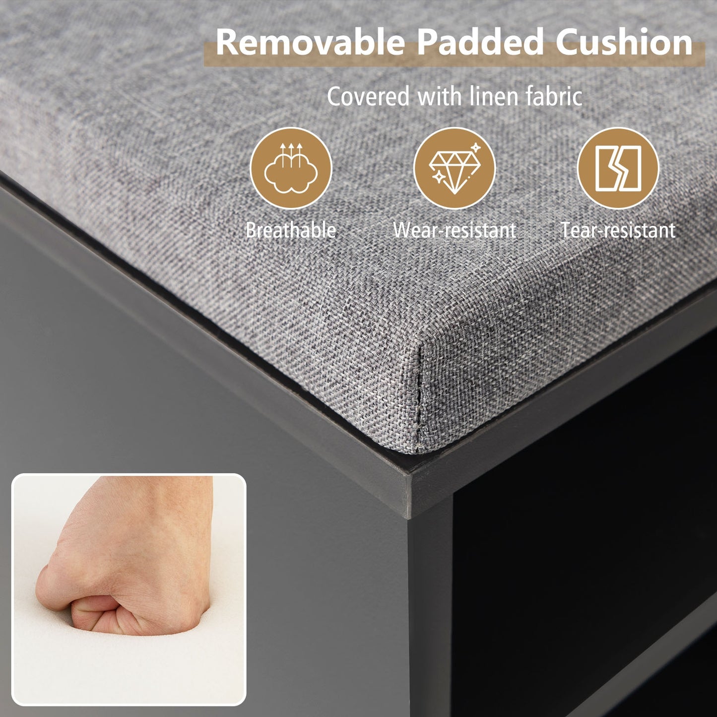 9-cube Shoe Bench with Adjustable Shelves and Removable Padded Cushion-Gray Kids Crystal