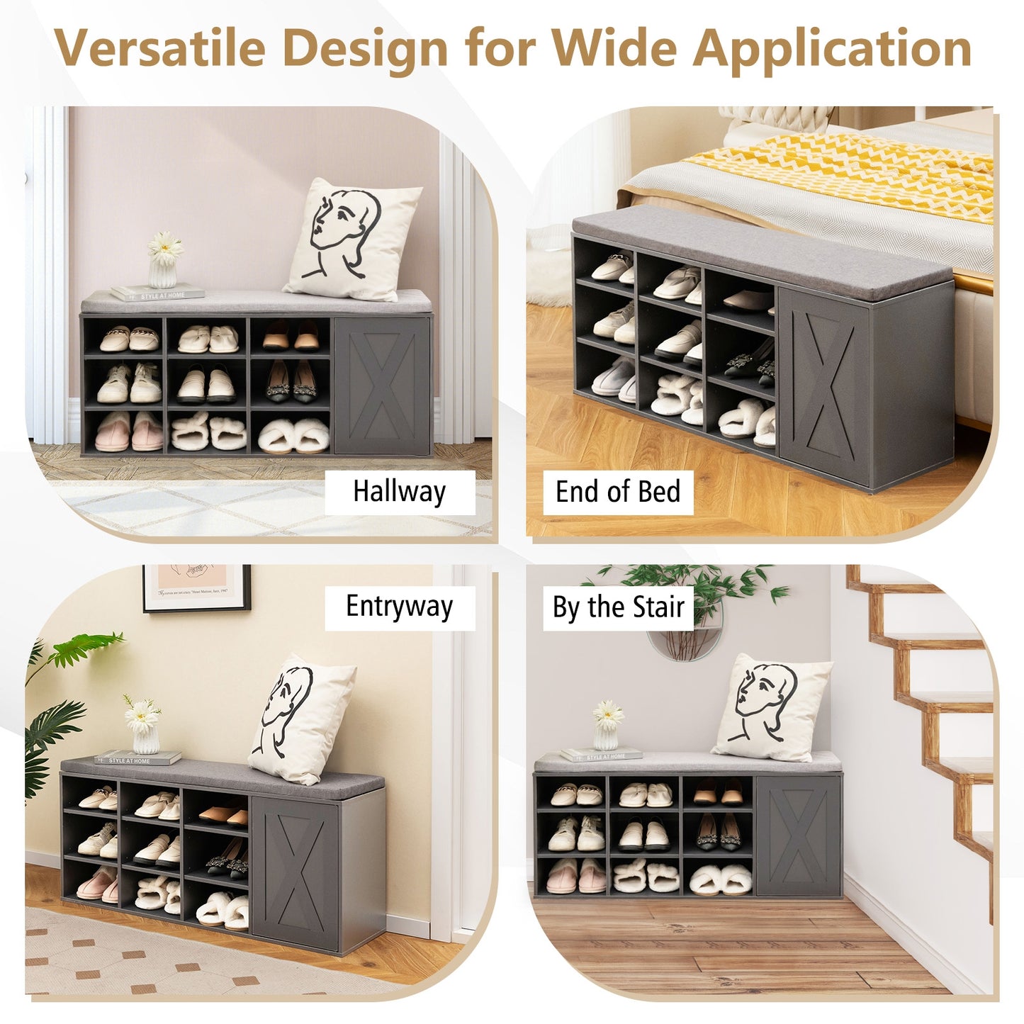 9-cube Shoe Bench with Adjustable Shelves and Removable Padded Cushion-Gray Kids Crystal