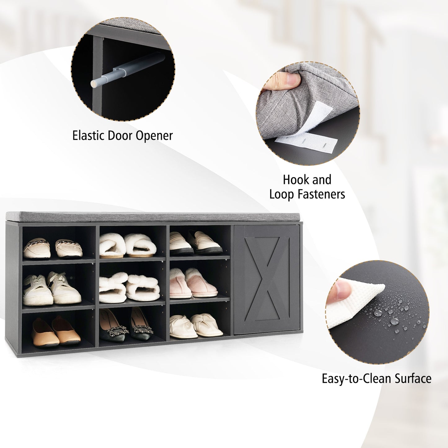 9-cube Shoe Bench with Adjustable Shelves and Removable Padded Cushion-Gray Kids Crystal