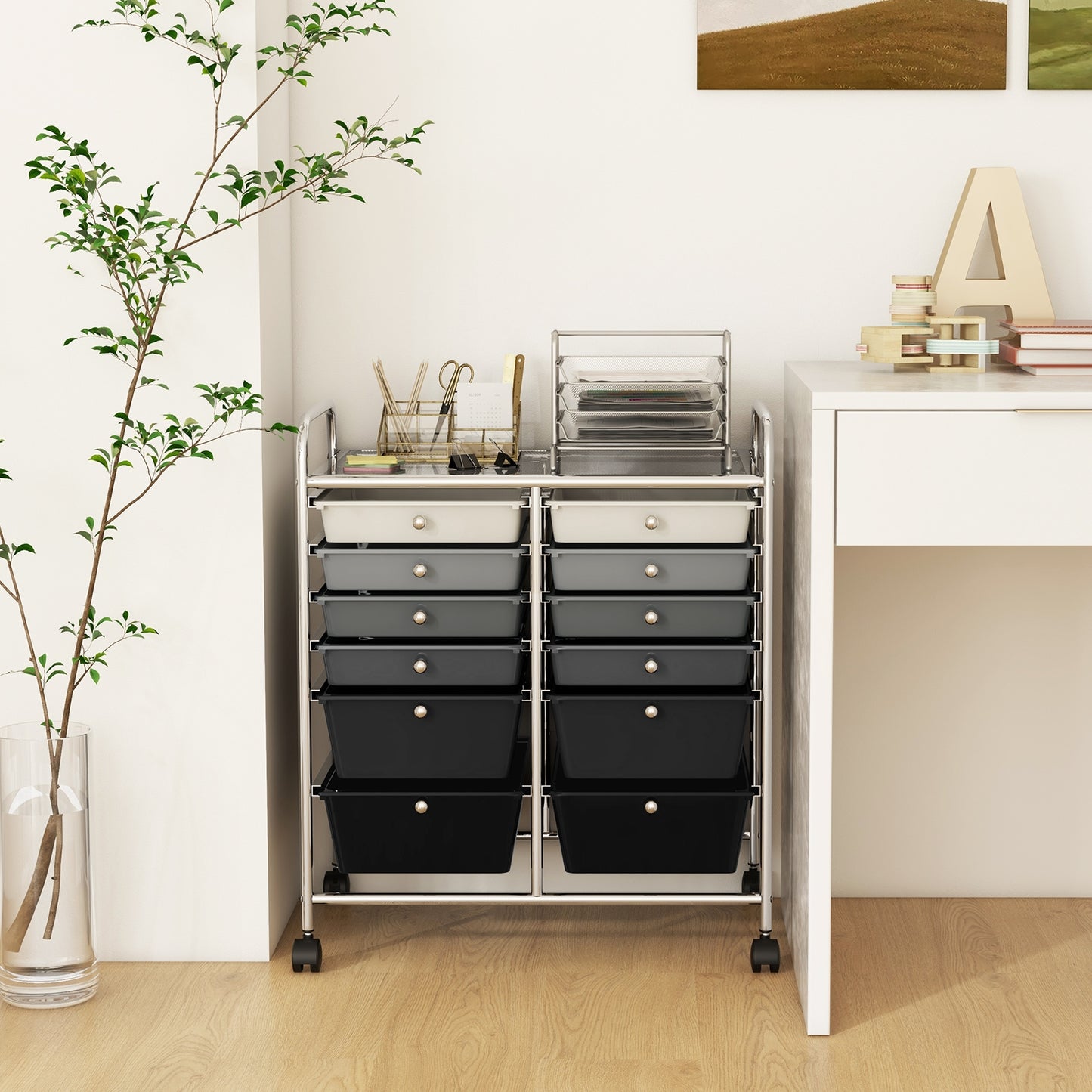 12-Drawer Rolling Storage Cart with Removable Drawers and Lockable Wheels-Gray Kids Crystal