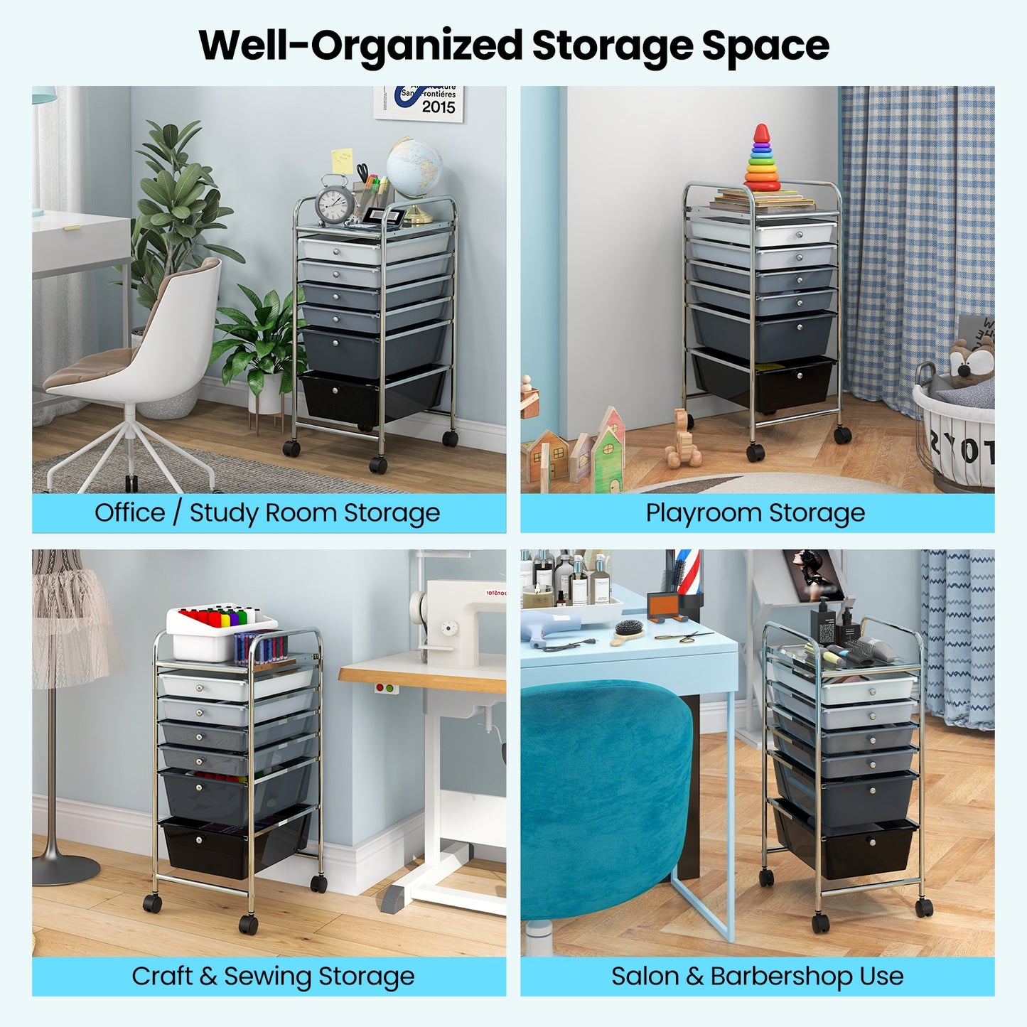 6 Drawers Rolling Storage Cart Organizer-Black & Gray Kids Crystal