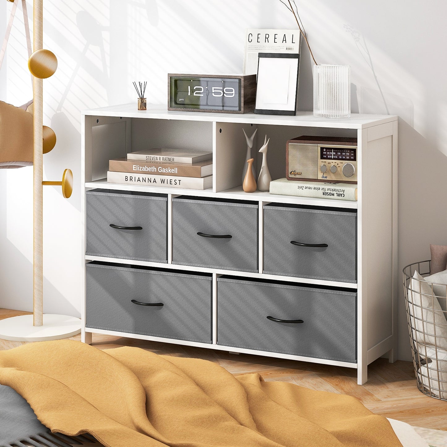 Fabric Dresser with 5 Drawers for Bedroom-White Kids Crystal