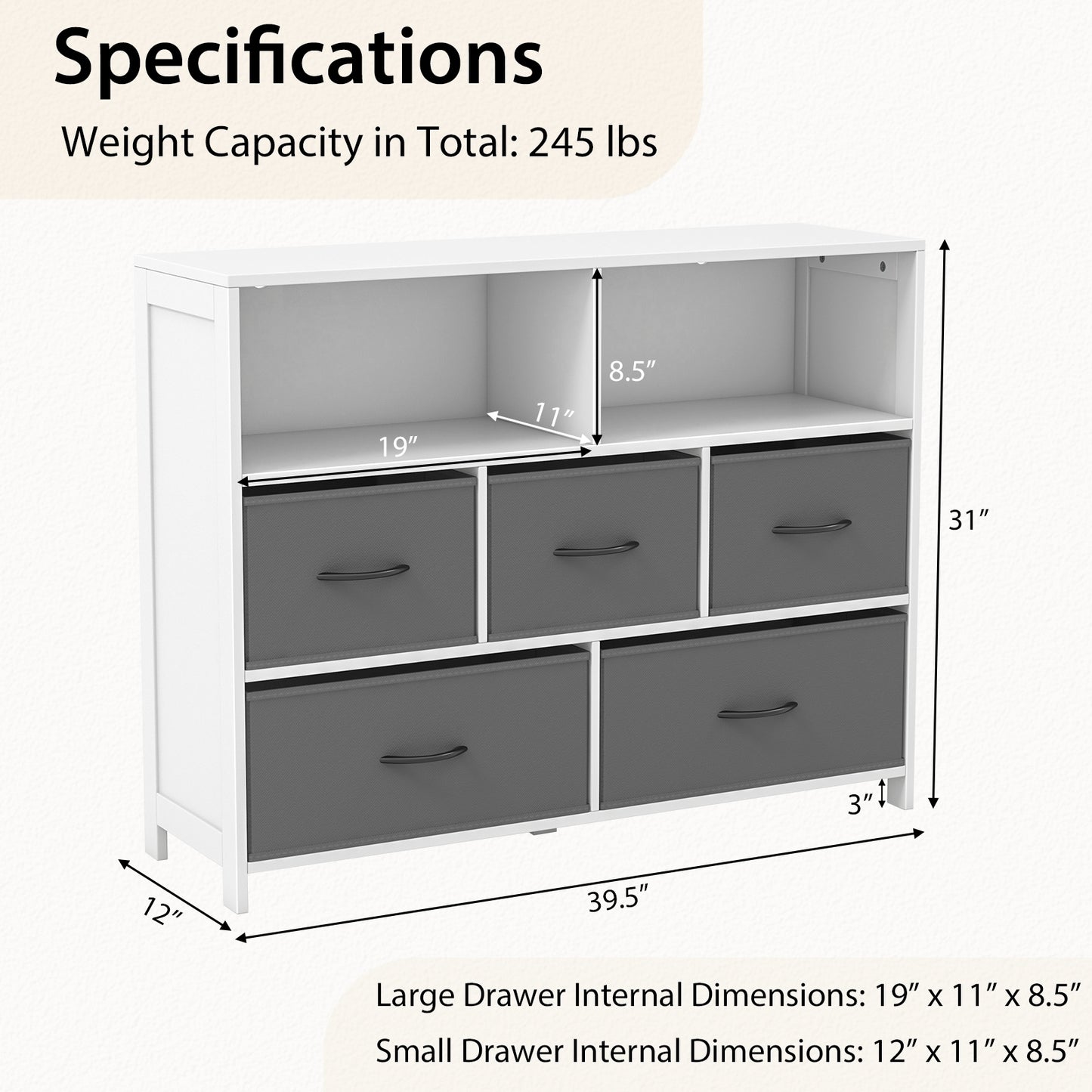 Fabric Dresser with 5 Drawers for Bedroom-White Kids Crystal