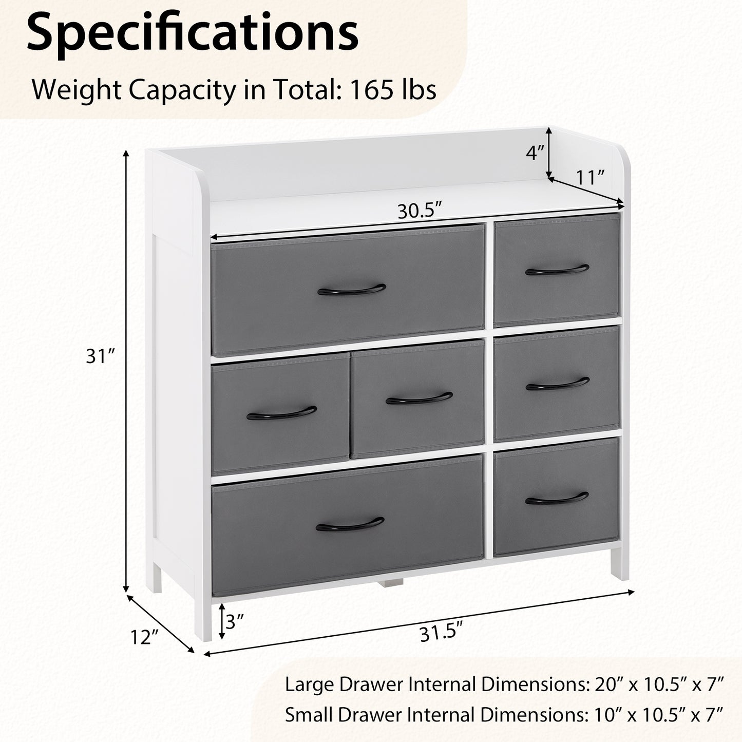 Fabric Dresser with 7 Drawers for Bedroom-White Kids Crystal