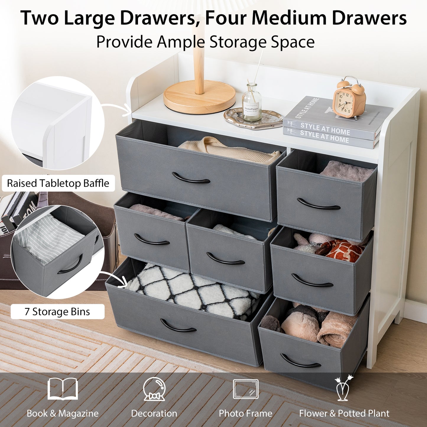 Fabric Dresser with 7 Drawers for Bedroom-White Kids Crystal