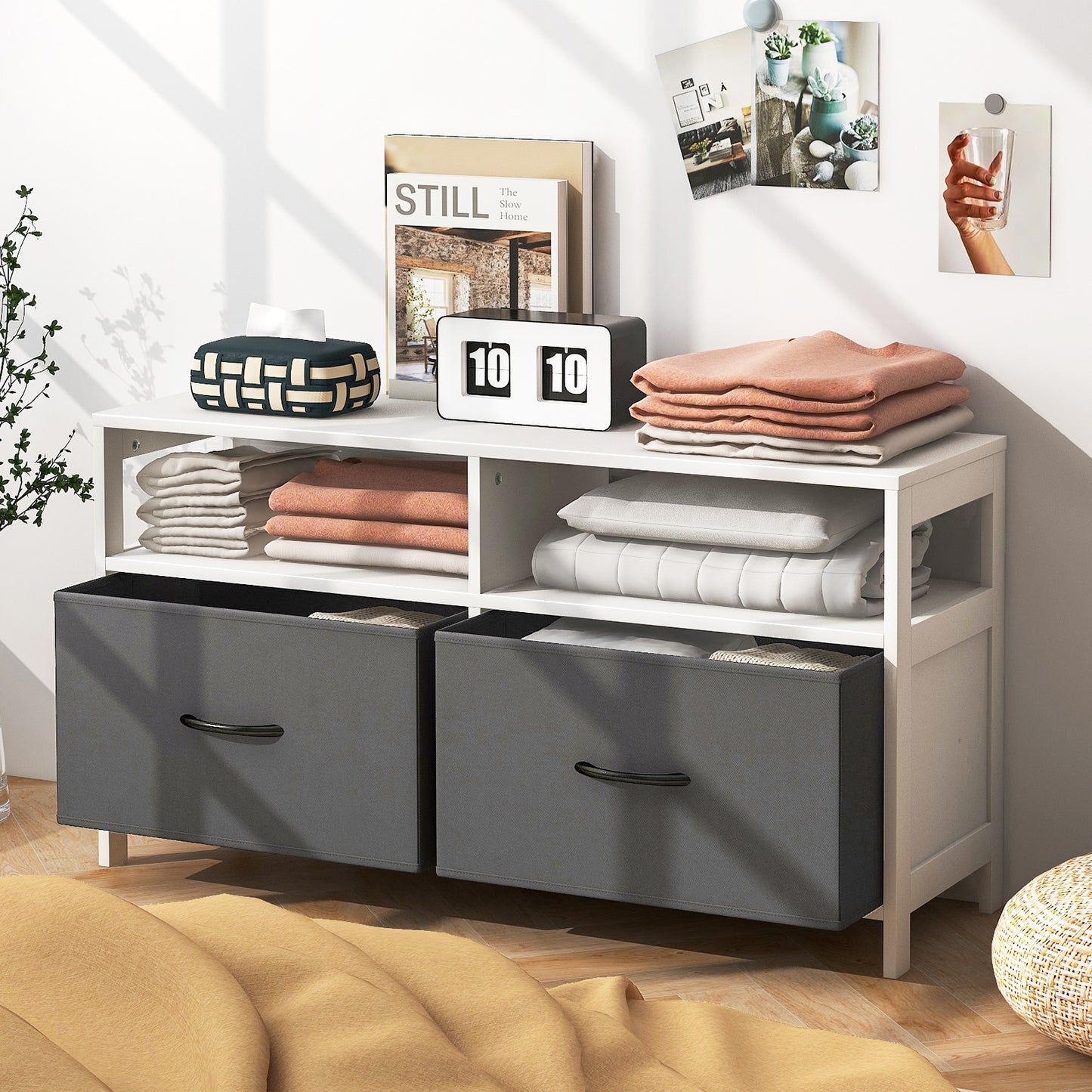 Fabric Chest of Drawers with 2 Drawers and 2 Open Shelves-White Kids Crystal