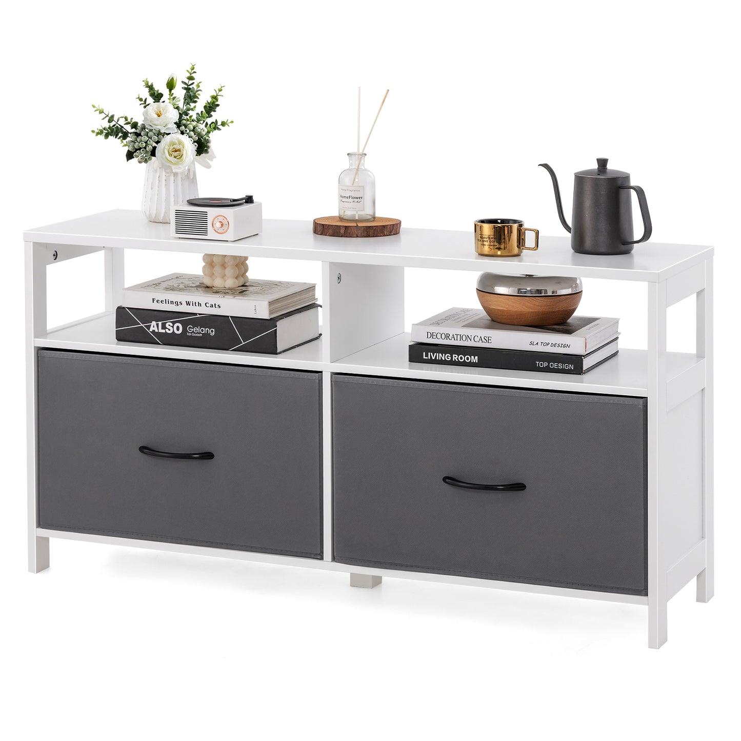 Fabric Chest of Drawers with 2 Drawers and 2 Open Shelves-White Kids Crystal