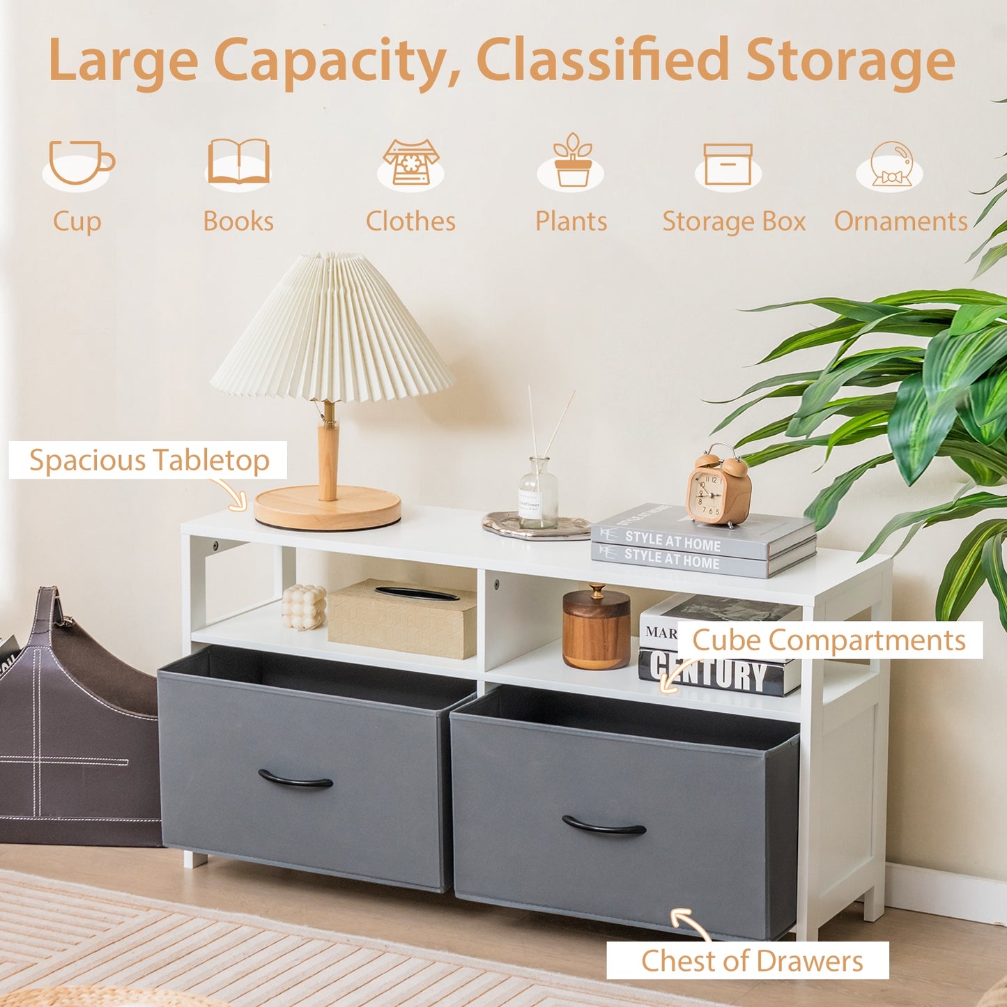 Fabric Chest of Drawers with 2 Drawers and 2 Open Shelves-White Kids Crystal