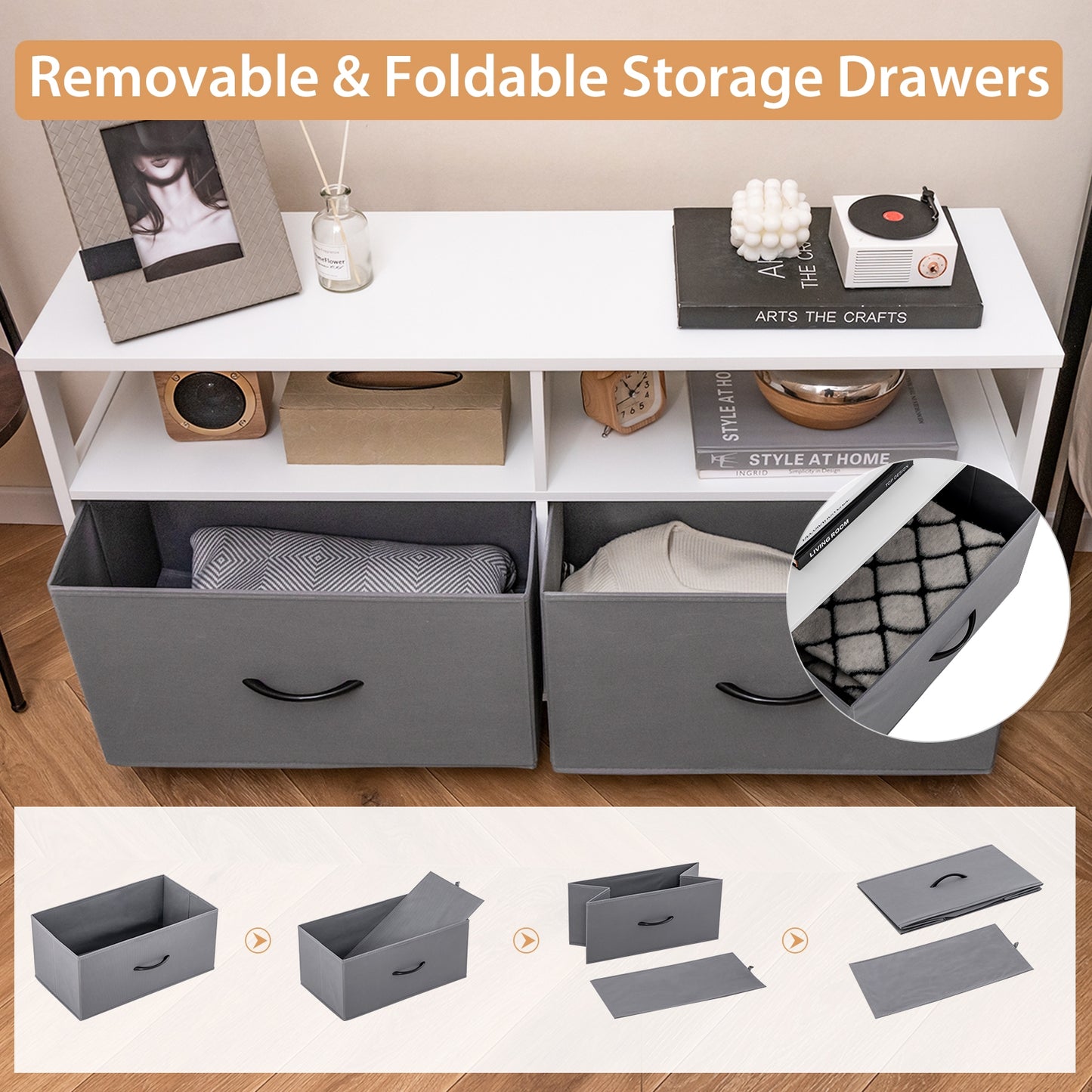 Fabric Chest of Drawers with 2 Drawers and 2 Open Shelves-White Kids Crystal