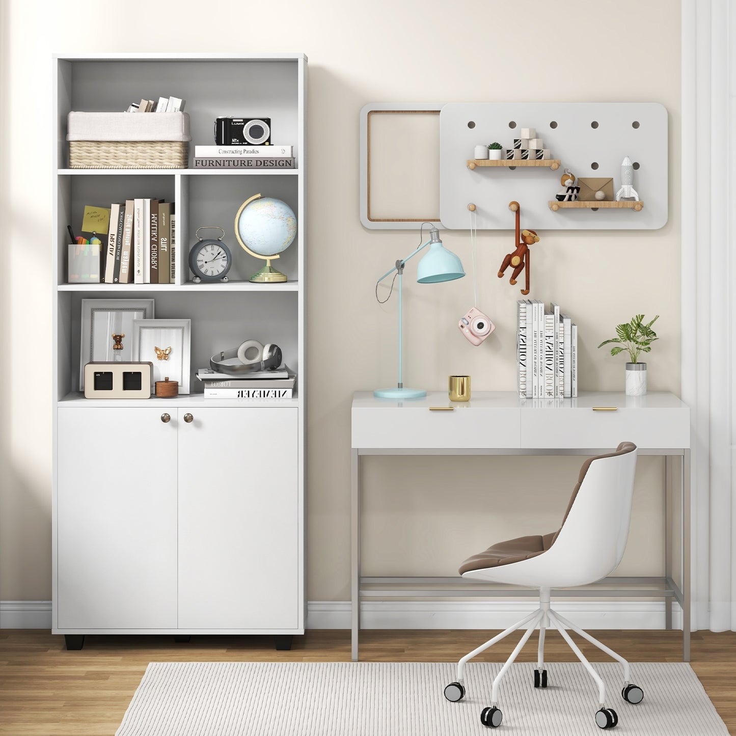 66 Inch Tall Double-Door Bookcase with Adjustable Shelf and Storage Cubes-White Kids Crystal