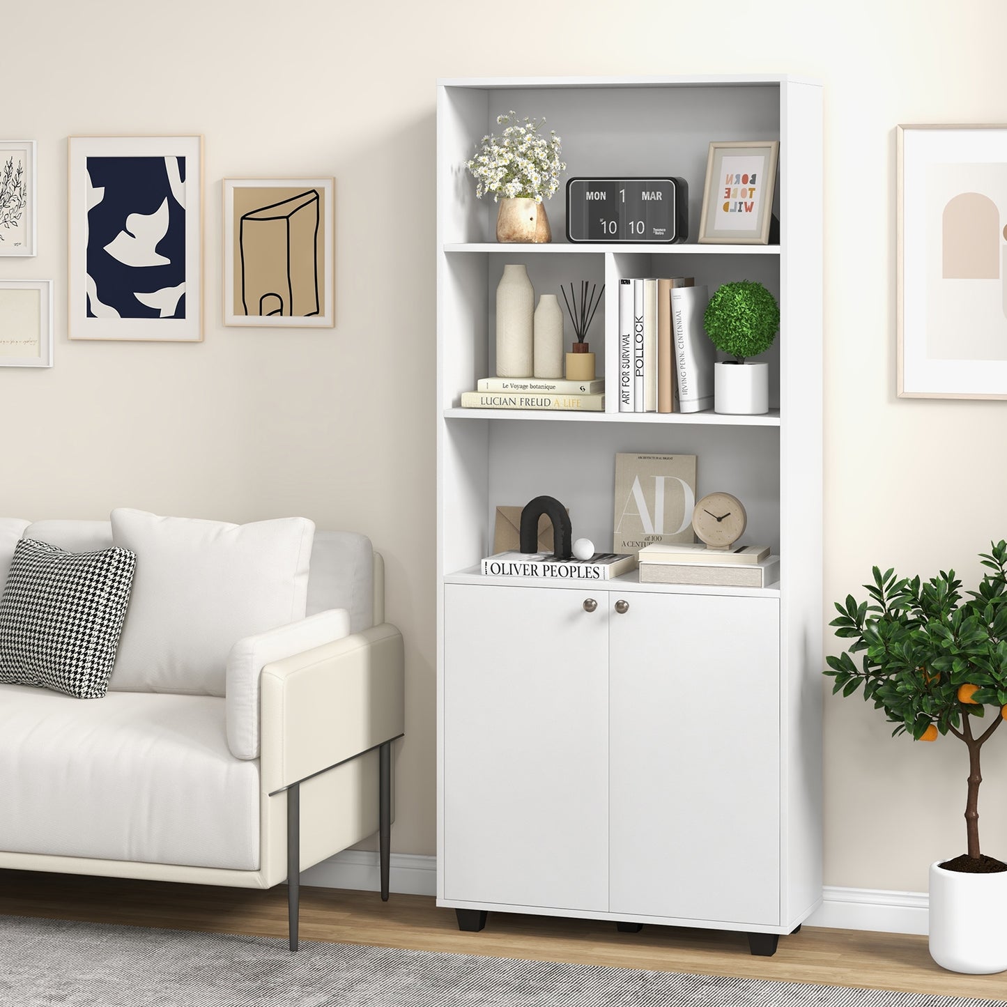 66 Inch Tall Double-Door Bookcase with Adjustable Shelf and Storage Cubes-White Kids Crystal