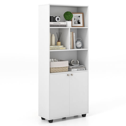 66 Inch Tall Double-Door Bookcase with Adjustable Shelf and Storage Cubes-White Kids Crystal