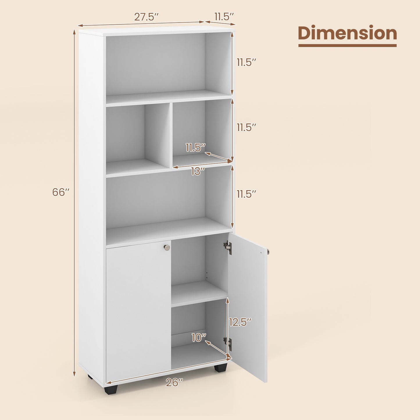 66 Inch Tall Double-Door Bookcase with Adjustable Shelf and Storage Cubes-White Kids Crystal