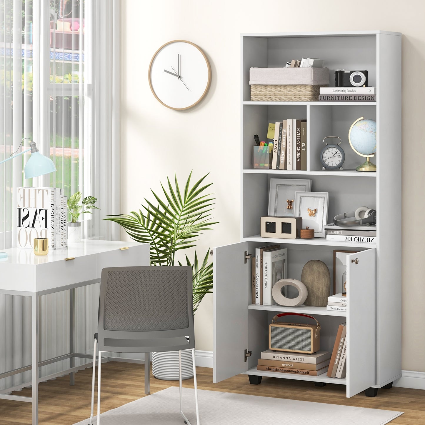 66 Inch Tall Double-Door Bookcase with Adjustable Shelf and Storage Cubes-White Kids Crystal
