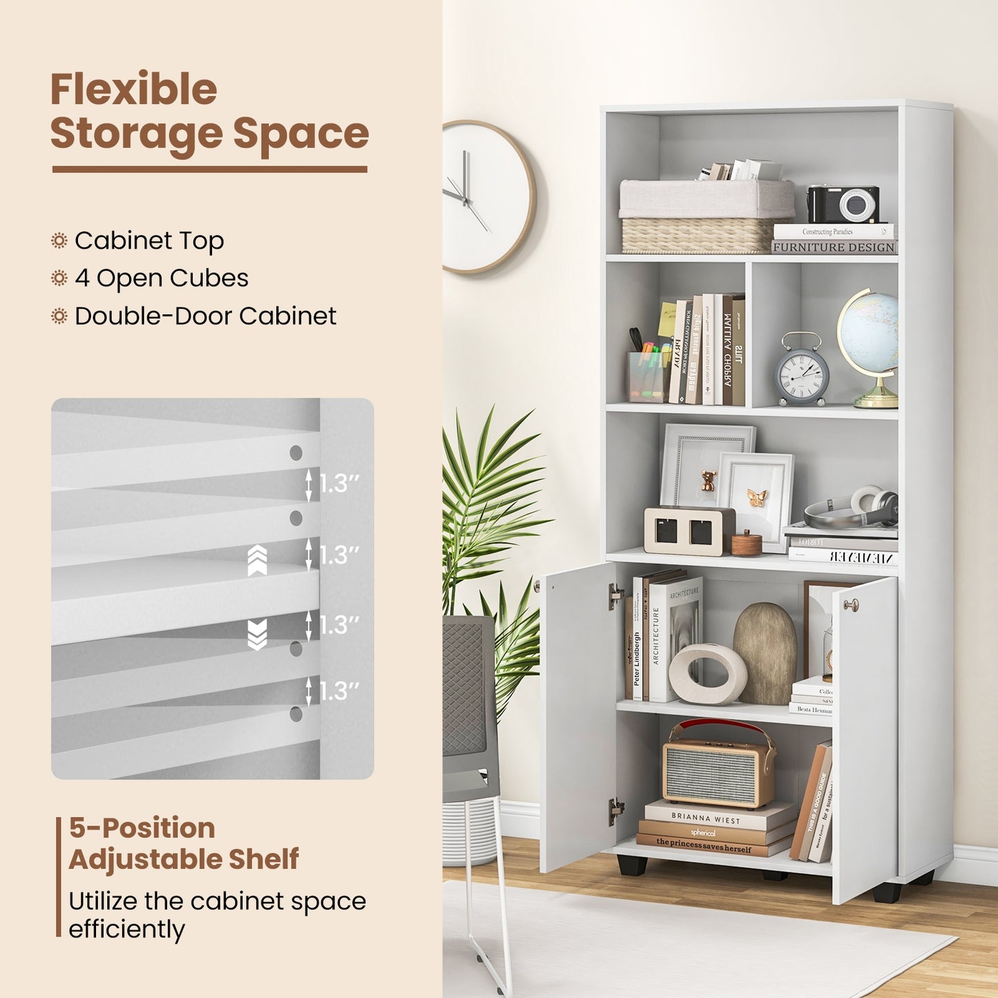 66 Inch Tall Double-Door Bookcase with Adjustable Shelf and Storage Cubes-White Kids Crystal