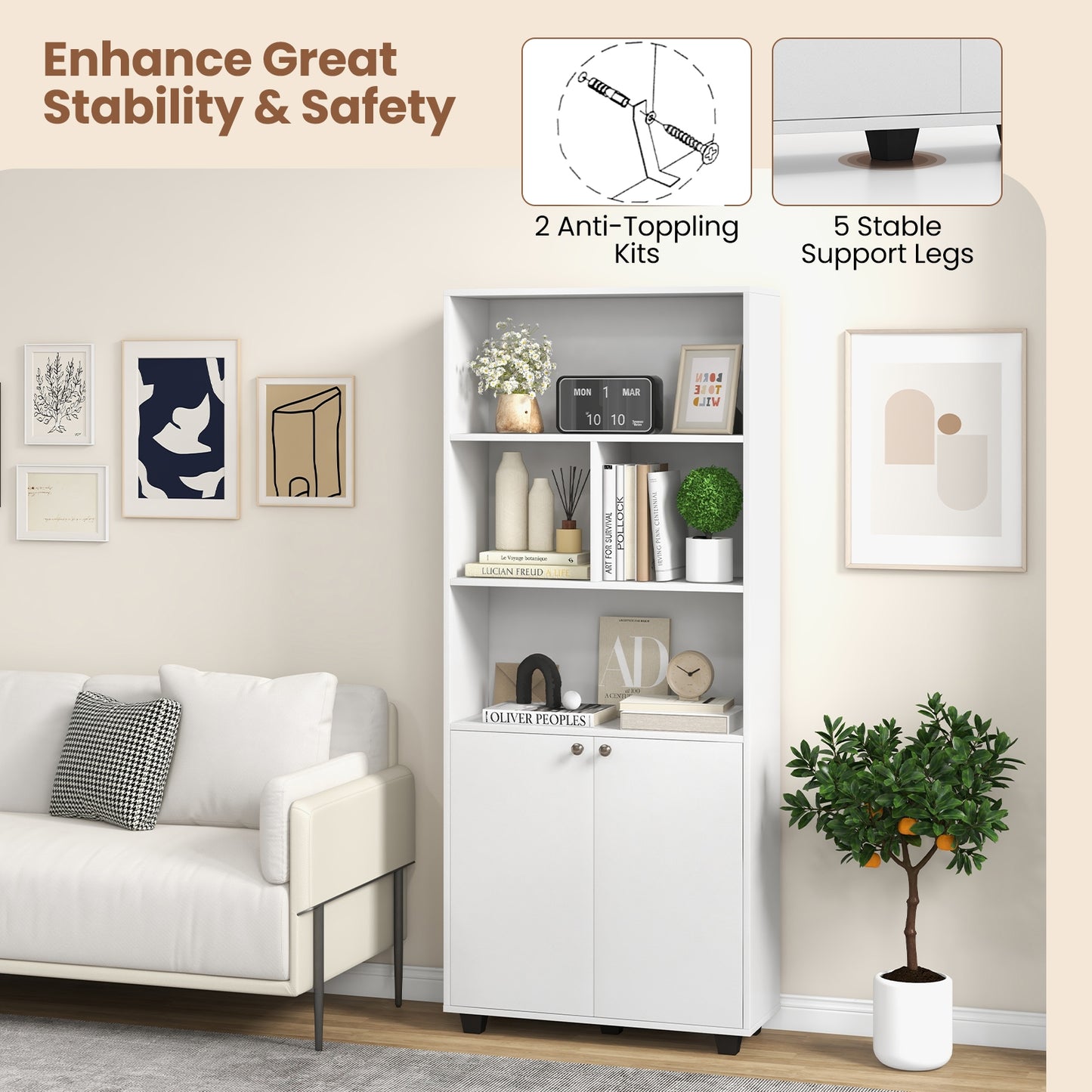 66 Inch Tall Double-Door Bookcase with Adjustable Shelf and Storage Cubes-White Kids Crystal