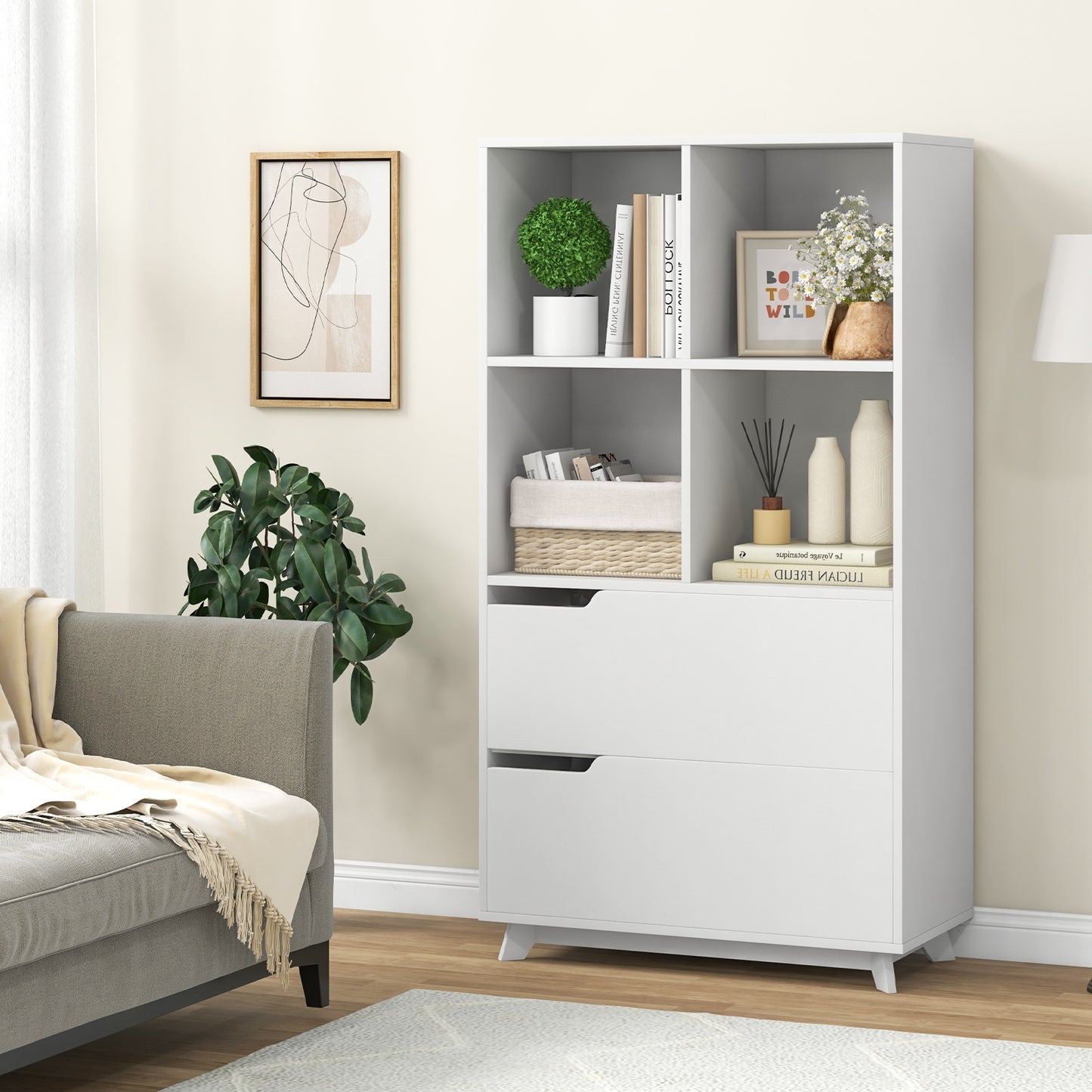 4-Tier Open Bookcase with 2 Drawers and 4 Storage Cubes-White Kids Crystal