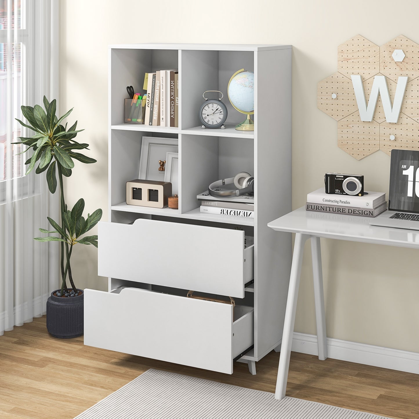 4-Tier Open Bookcase with 2 Drawers and 4 Storage Cubes-White Kids Crystal