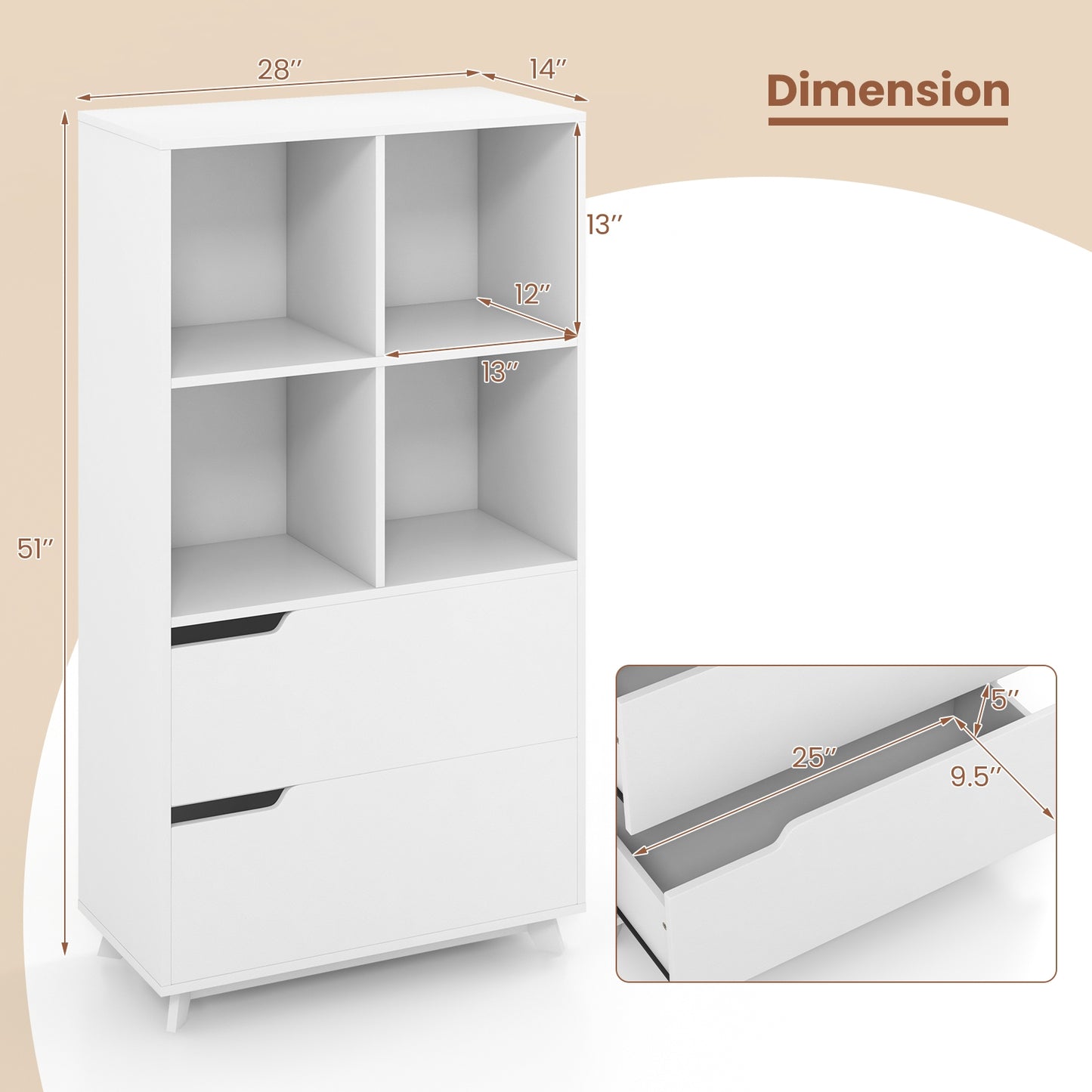 4-Tier Open Bookcase with 2 Drawers and 4 Storage Cubes-White Kids Crystal