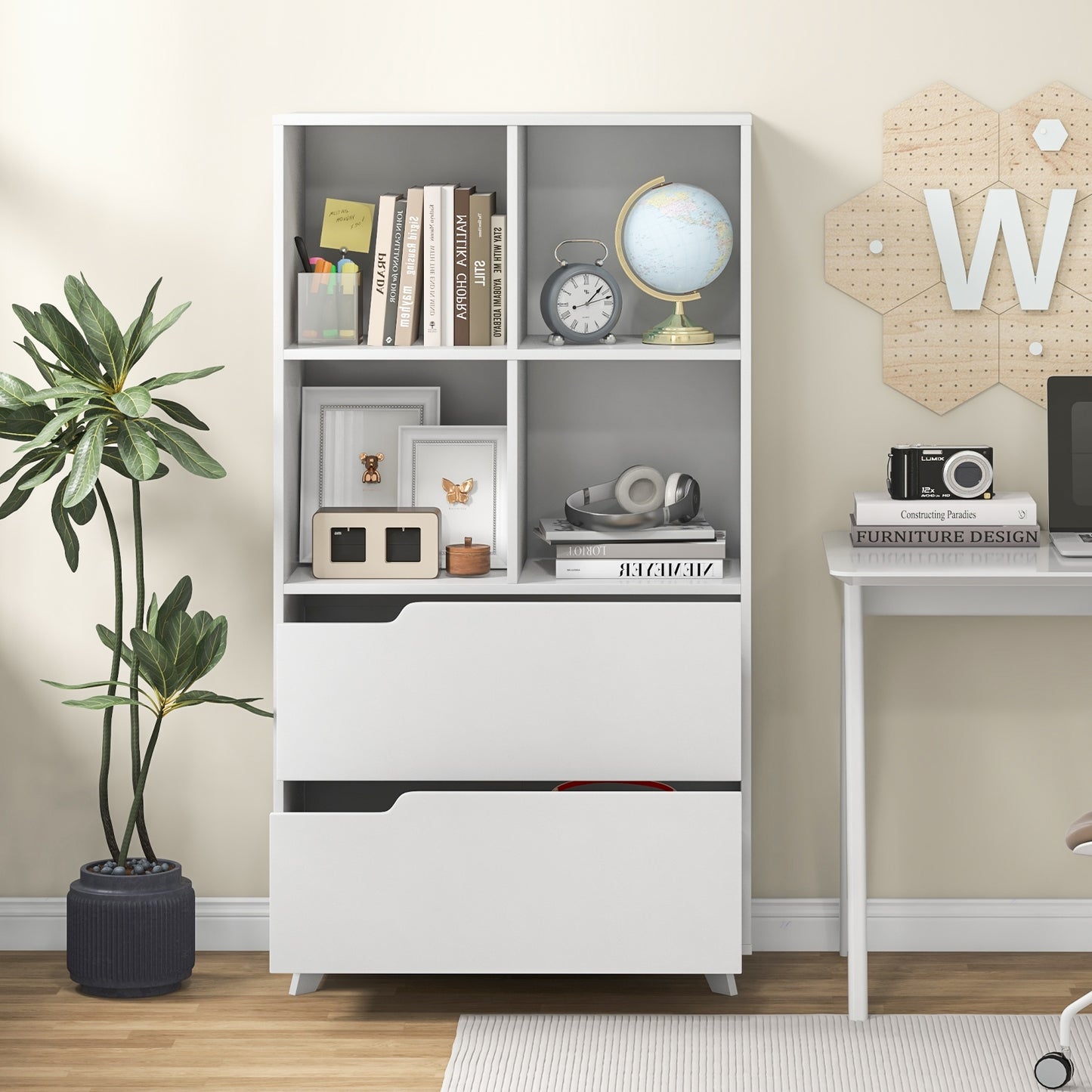 4-Tier Open Bookcase with 2 Drawers and 4 Storage Cubes-White Kids Crystal