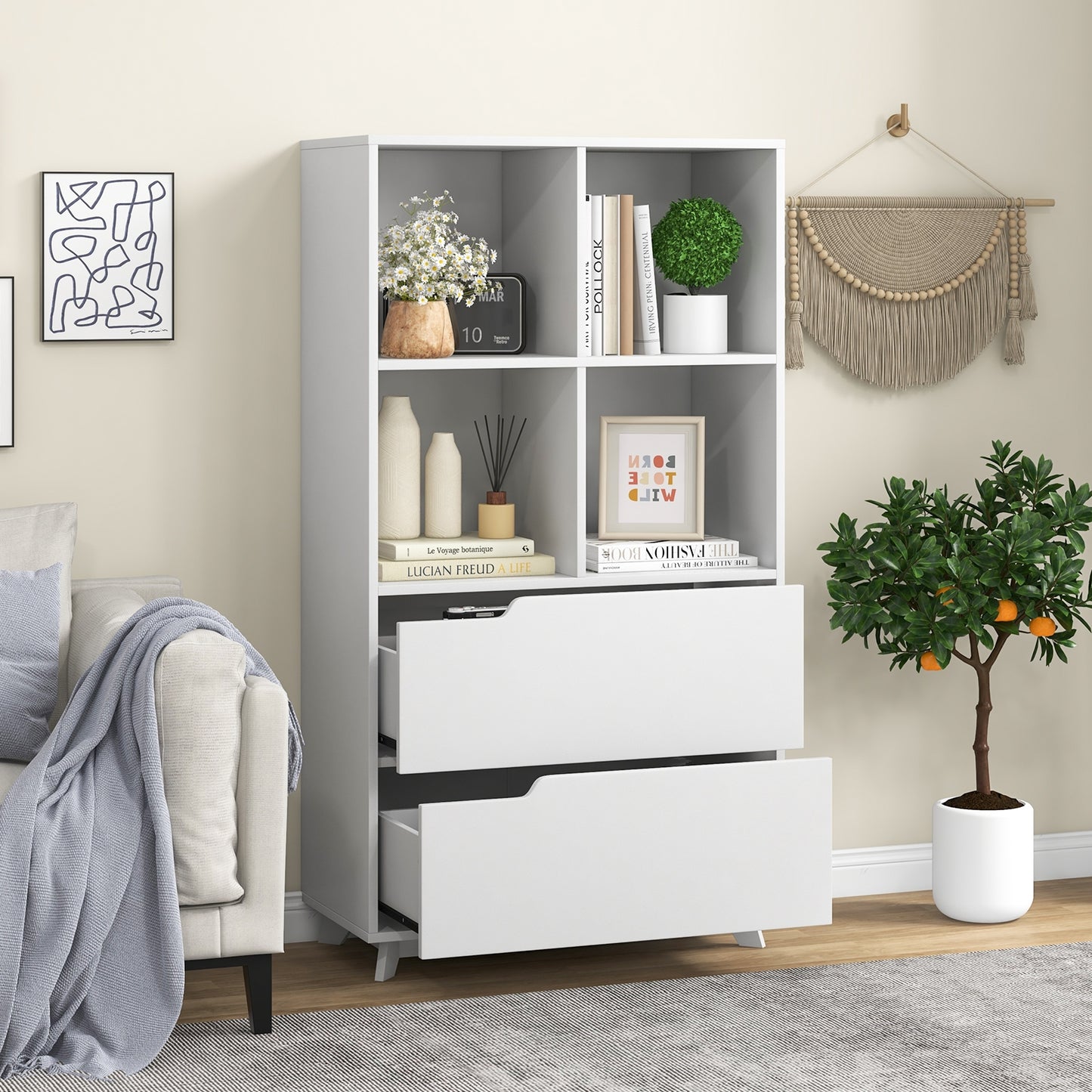 4-Tier Open Bookcase with 2 Drawers and 4 Storage Cubes-White Kids Crystal