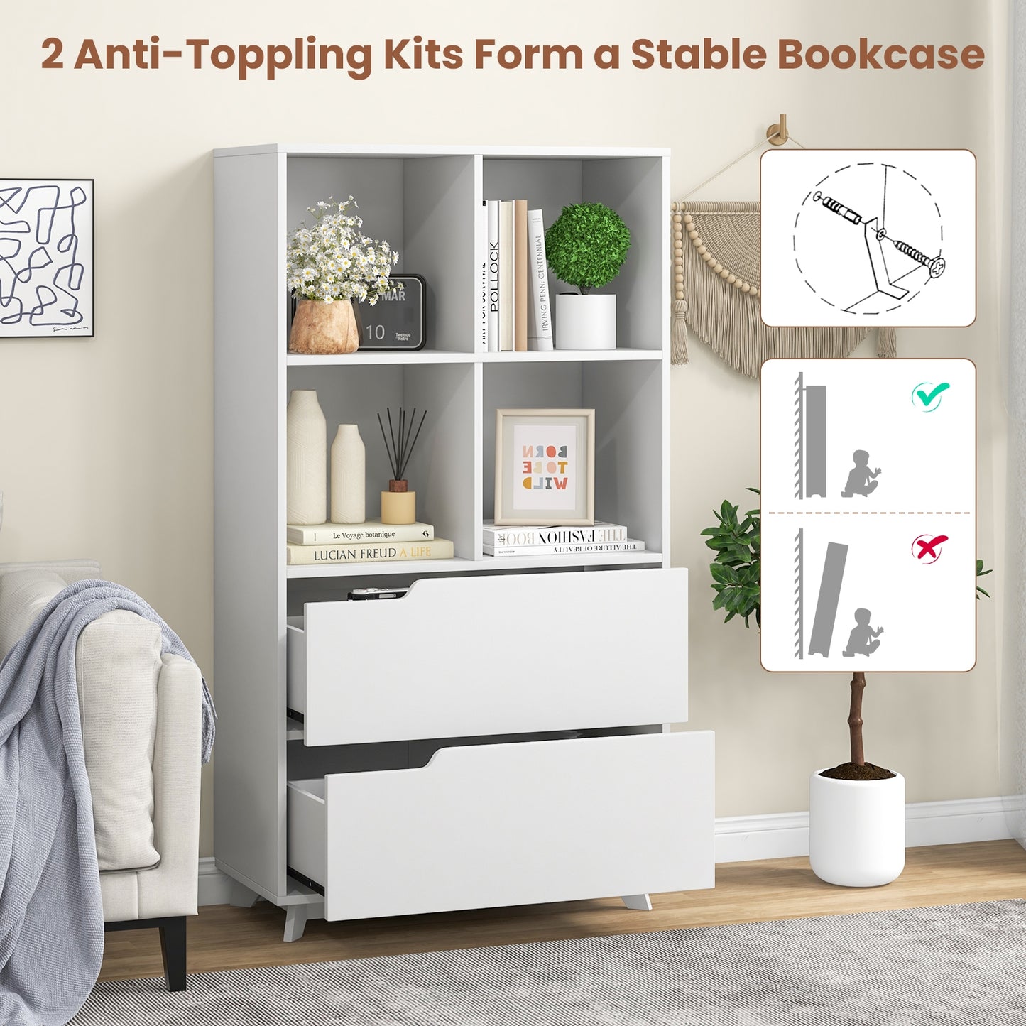 4-Tier Open Bookcase with 2 Drawers and 4 Storage Cubes-White Kids Crystal